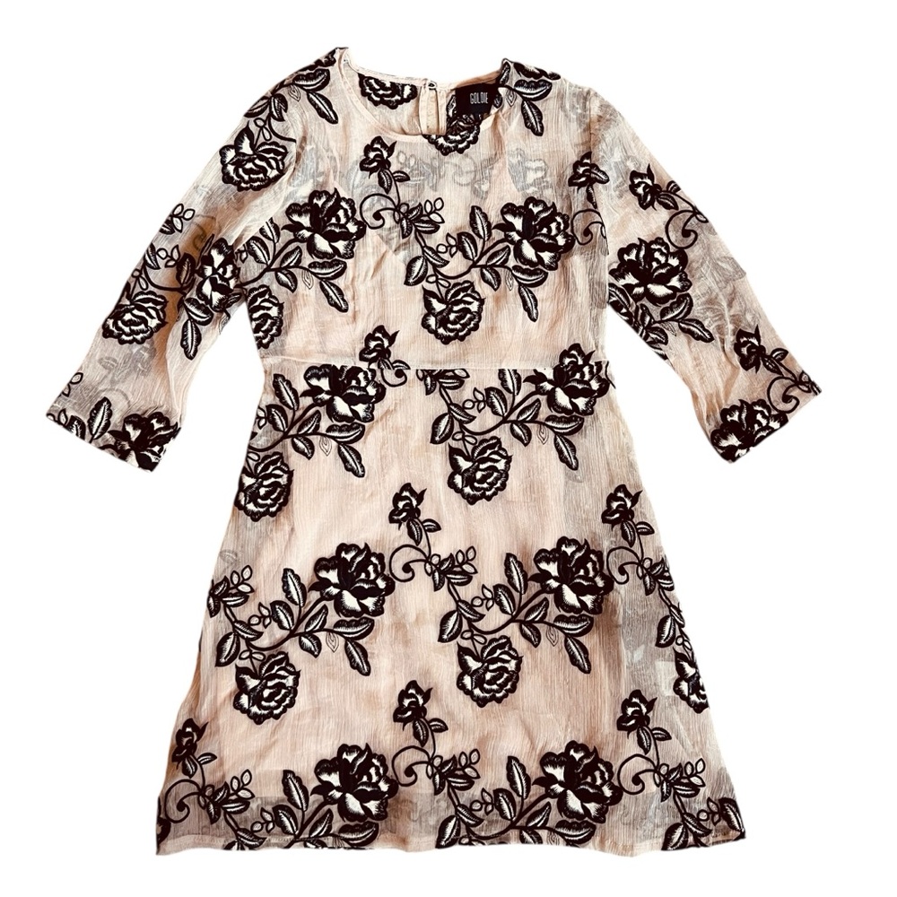 Goldie Women’s Sz S Sheer Black Embroidered Floral Mini Dress 3/4 Sleeve